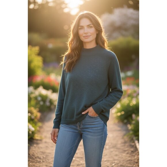 Eileen Fisher Funnel Neck Organic Linen & Cotton Sweater L/G Blue Long Sleeve - Picture 1 of 8